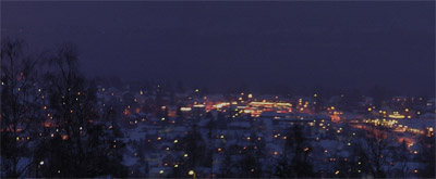 Panorama av Gjøvik i skumringen
